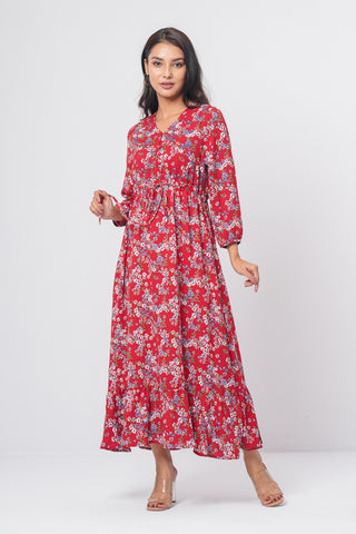 Women's Long Dress: Maroon Floral Printed
