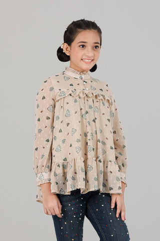 Junior Girls Top :  CHINO BEIGE & WHITE PRINTED (10-14 Years)