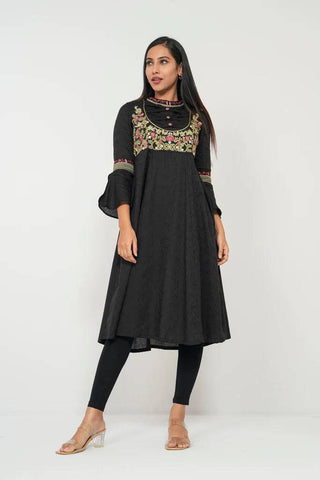 Women's Embroidered Kurti : Metal Black & Milano Red